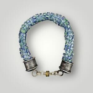 Beaded Bracelet Sterling Silver End Caps Magnetic Clasp Blue Green Seed Beads